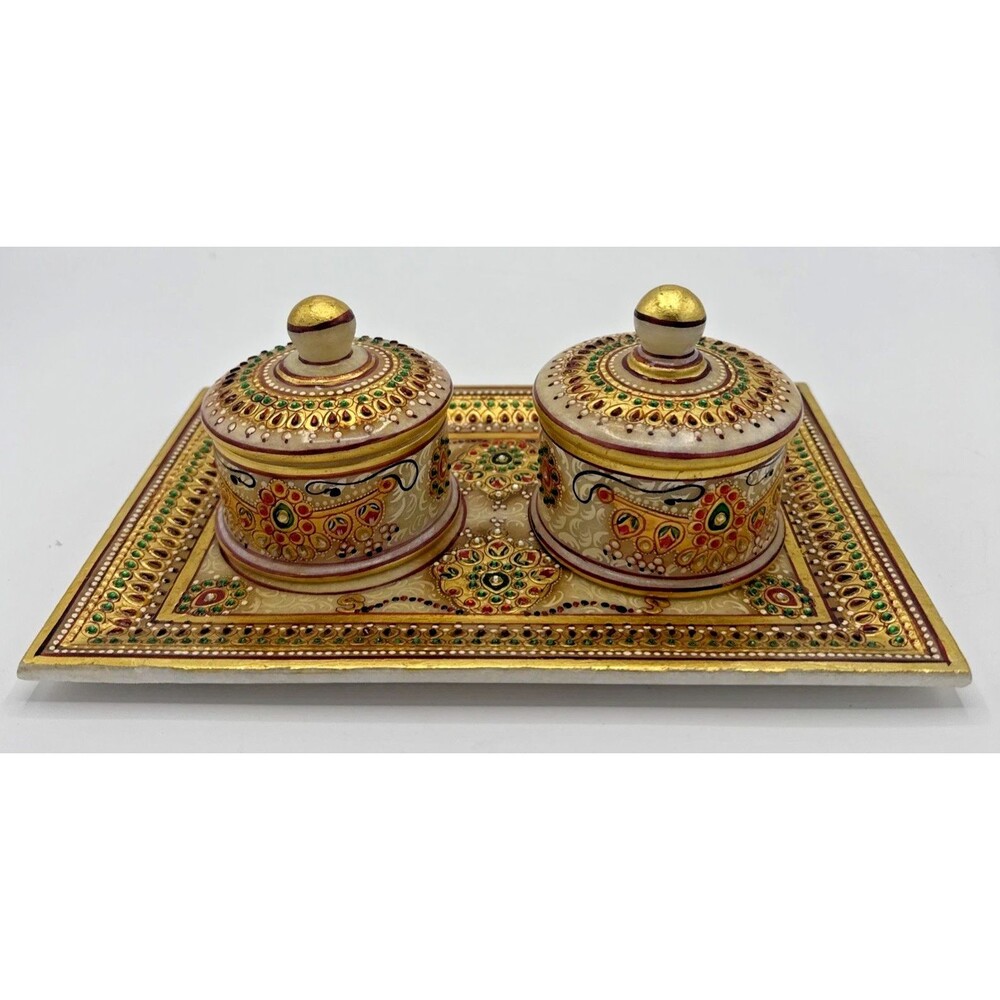 Jaipur Hand Marble & Painted Gold Handmade Bowl Tray Set For Dry Fruit Decor 9”